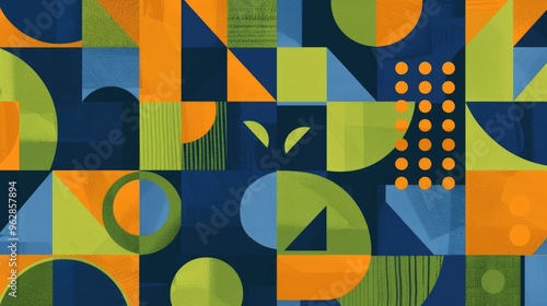 Abstract Bauhaus style seamless pattern with geometric shapes featuring circles, triangles and squares in blue, orange and lime green