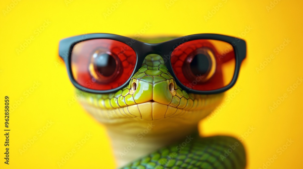 green snake wearing red black glasses on yellow background. green snake wearing red black glasses on yellow background.