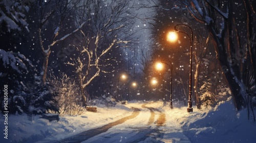 Snow-covered street at night, with glowing streetlights illuminating the icy road and snow-laden trees.