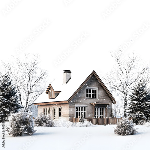 a house in the snow, against a white background with white stars, surrounded by trees, in high resolution and high detail