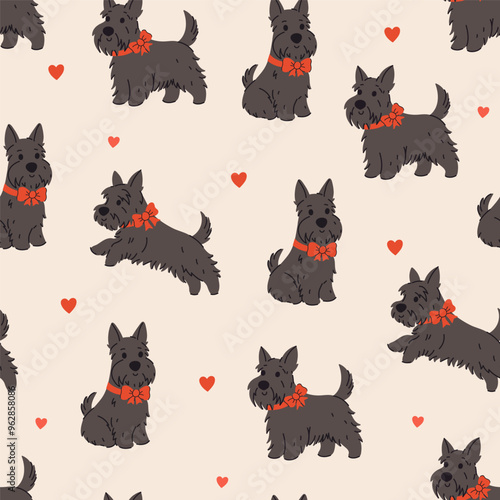 Seamless pattern with Scottish terriers with red bows on their necks. Vector graphics.