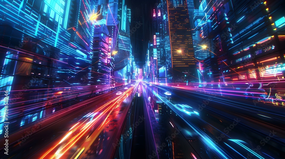 Futuristic Cityscape with Neon Lights and Glowing Buildings Futuristic Cityscape with Neon Lights and Glowing Buildings