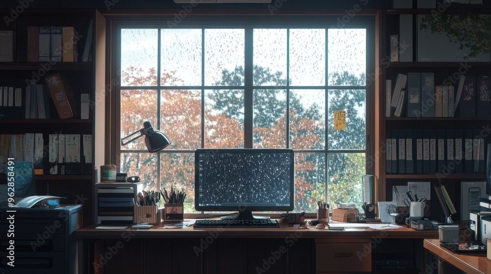 An anime-inspired workroom with a big window showing a gentle rain,. An anime-inspired workroom with a big window showing a gentle rain,.