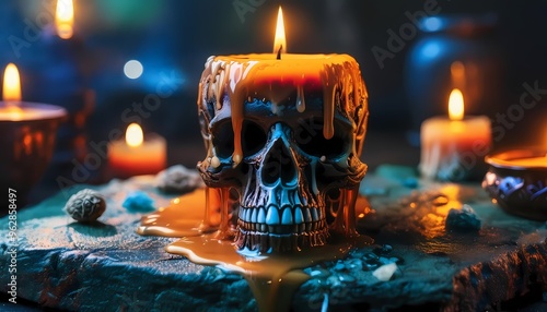 A skull-shaped candle holder with melted wax dripping onto a stone altar photo