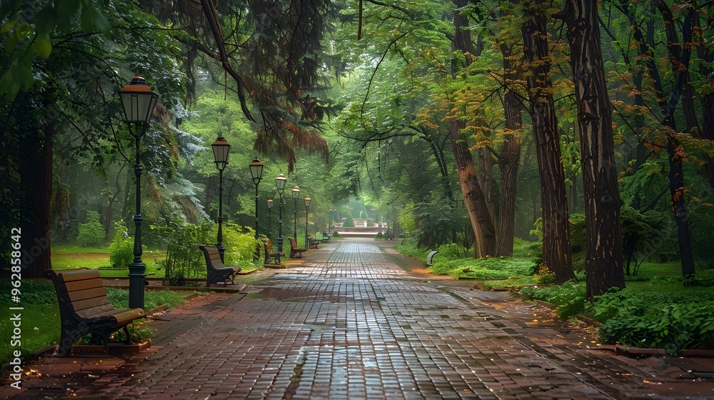 Serene Park Path with Foggy Morning Light Serene Park Path with Foggy Morning Light