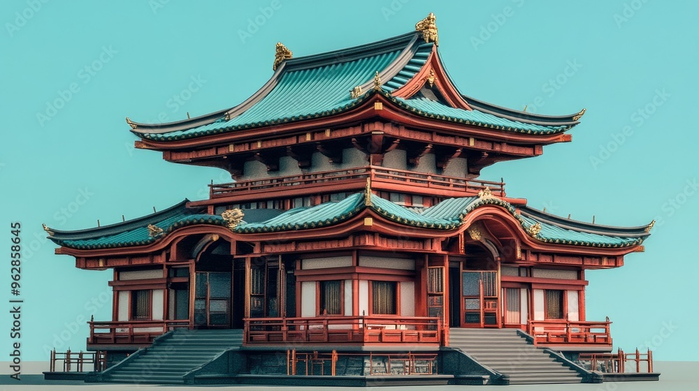 Traditional Japanese pagoda with curved roofs and ornate details. Traditional Japanese pagoda with curved roofs and ornate details.