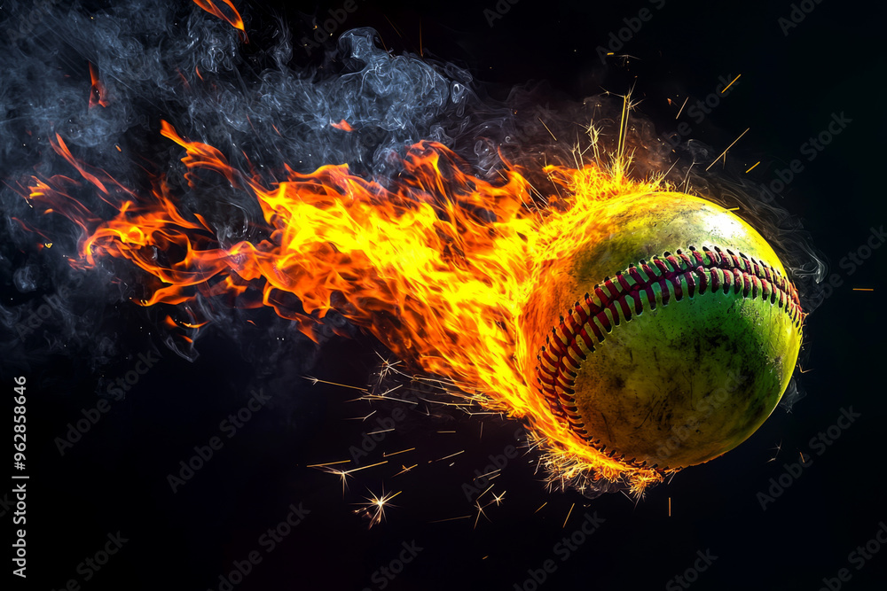 A dynamic image of a flaming softball in motion, illustrating speed and intensity in sports.