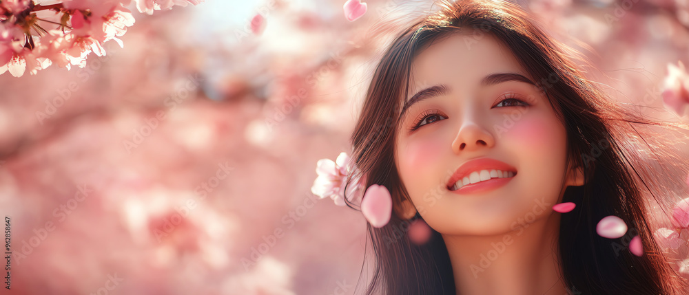 Happy Asian woman posing beneath cherry blossom trees, ultradetailed textures, bright pink petals, soft lighting, springtime vibe Happy Asian woman posing beneath cherry blossom trees, ultradetailed textures, bright pink petals, soft lighting, springtime vibe