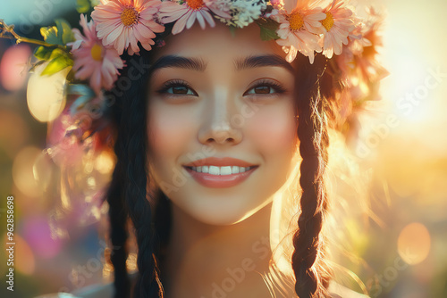 Cheerful Asian woman with bohochic braids and floral headband, hyperrealistic detail, warm tones, soft lighting, freespirited mood photo