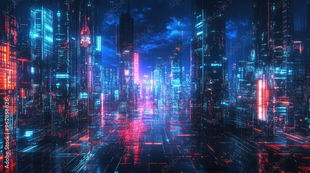 Urban architecture illuminated by neon lights with abstract digital effects, offering a panoramic view of a futuristic cityscape and technology. Urban architecture illuminated by neon lights with abstract digital effects, offering a panoramic view of a futuristic cityscape and technology.