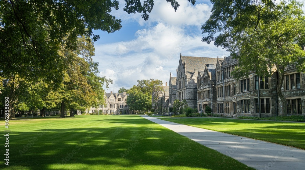 Obraz premium University campus with historic buildings and lush green lawns.