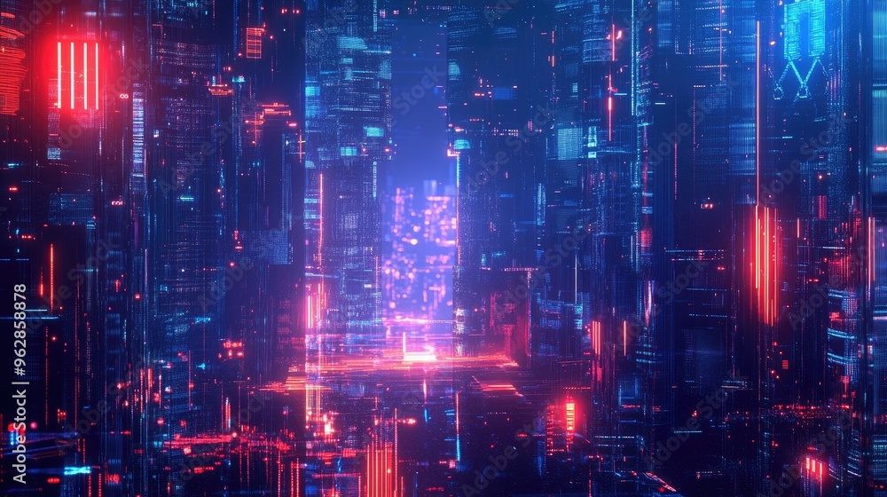 Fototapeta premium Urban panorama featuring advanced architecture and neon light effects, creating a high-tech, futuristic cityscape with abstract digital elements.