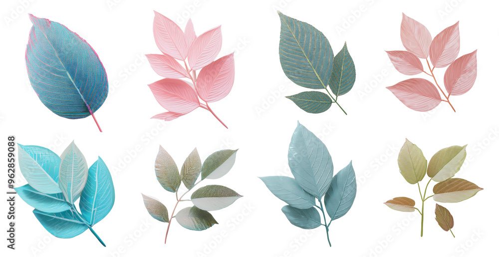 Colorful artistic leaf collection with unique designs and textures isolated on transparent background Colorful artistic leaf collection with unique designs and textures isolated on transparent background