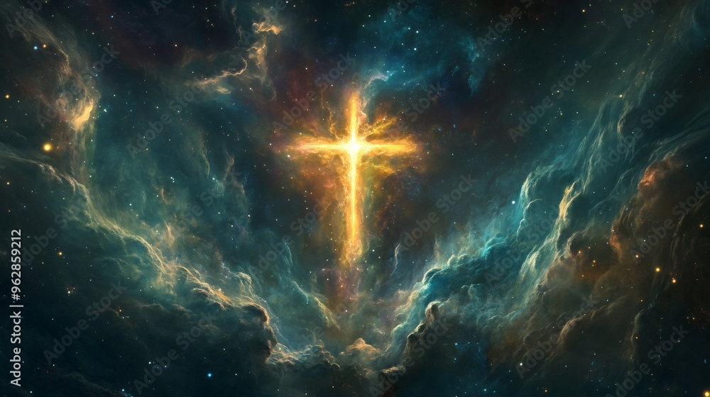 A glowing golden cross shines brightly in the center of a vast, swirling nebula. The nebula is a mixture of blue and orange, and the stars shine brightly around the cross. A glowing golden cross shines brightly in the center of a vast, swirling nebula. The nebula is a mixture of blue and orange, and the stars shine brightly around the cross.