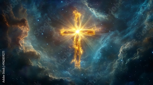 A glowing golden cross shines brightly in the center of a vast, starry sky filled with swirling nebulae.