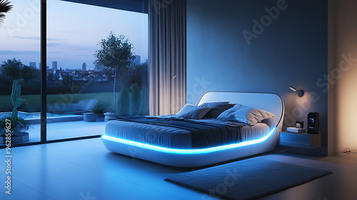 Bedroom with a smart mattress that adjusts firmness and temperature according to sleep patterns alongside AI-powered lighting and sound systems creating the ideal sleep environment