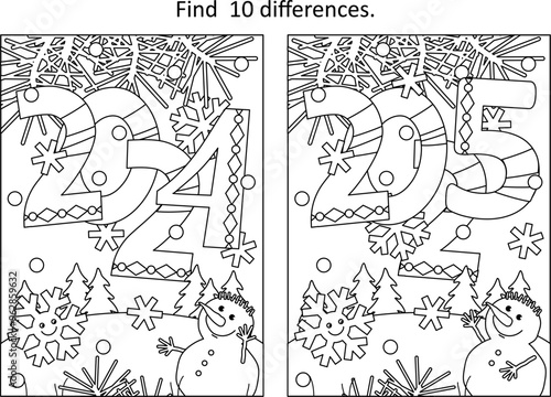 Years 2024 and 2025 difference game and coloring page with rasing year 2025 heading, cute little snowman, cheerful snowflake and outdoor winter scene
