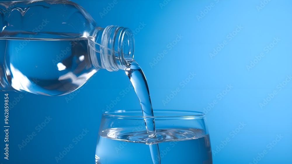 Pouring Water from a Bottle into Glass on a Blue Background Pouring Water from a Bottle into Glass on a Blue Background