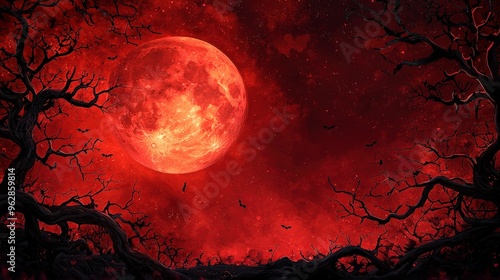 A spooky forest landscape with a blood red moon in the sky.