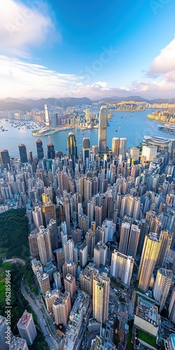 Aerial view of the iconic Hong Kong skyline filled with towering skyscrapers and modern buildings, showcasing the city’s impressive urban landscape and architecture.
