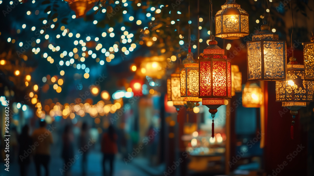 Festival of Lights with thousands of small lights lit along the city streets, hanging lanterns in gold and red emit a warm glow at night, Ai generated images Festival of Lights with thousands of small lights lit along the city streets, hanging lanterns in gold and red emit a warm glow at night, Ai generated images