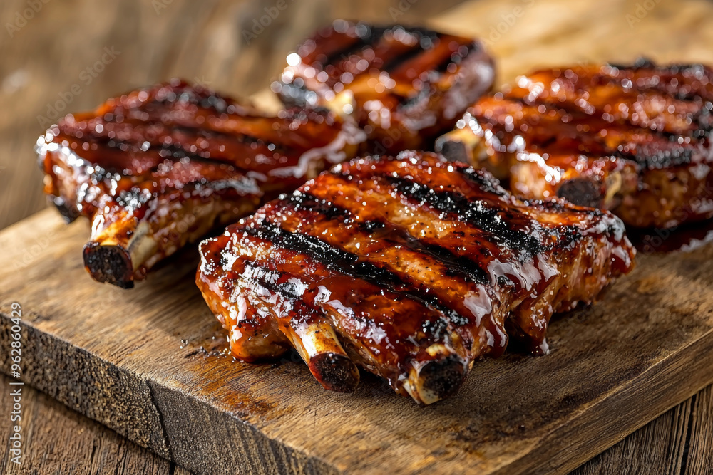 Grilled ribs coated in barbecue sauce on a wooden cutting board, showcasing a delicious meal. Grilled ribs coated in barbecue sauce on a wooden cutting board, showcasing a delicious meal.