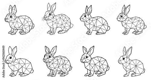 Set of abstract polygonal rabbits. Linear geometric polygonal rabbits. Cute rabbit in low triangular style. Vector illustration.