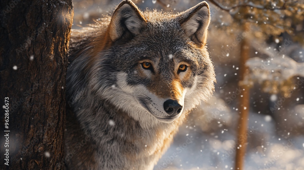 wolf on a tree with snowing weather wolf on a tree with snowing weather