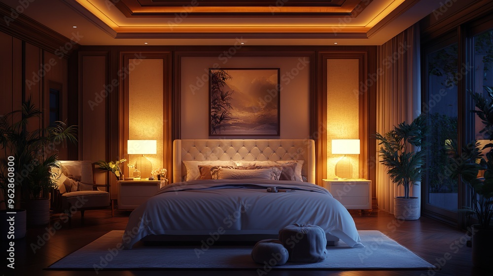 Futuristic bedroom setup with glowing neon lights emphasizing a minimalist and high-tech decor Futuristic bedroom setup with glowing neon lights emphasizing a minimalist and high-tech decor