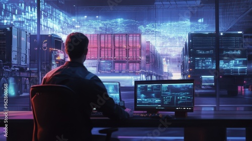 Futuristic Control Room with Glowing Displays and Cargo Containers