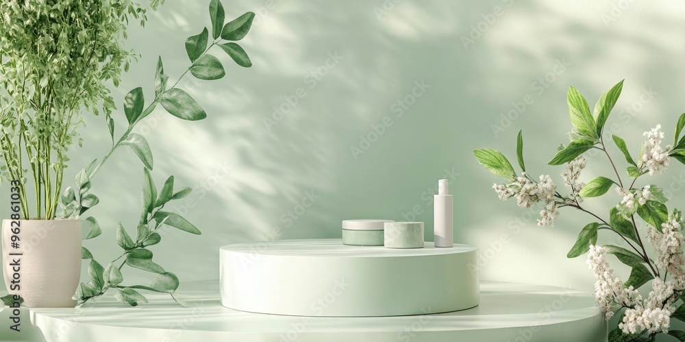 Light green 3D rendered podium backdrop for showcasing natural products ideal for presenting beauty and wellness items Light green 3D rendered podium backdrop for showcasing natural products ideal for presenting beauty and wellness items