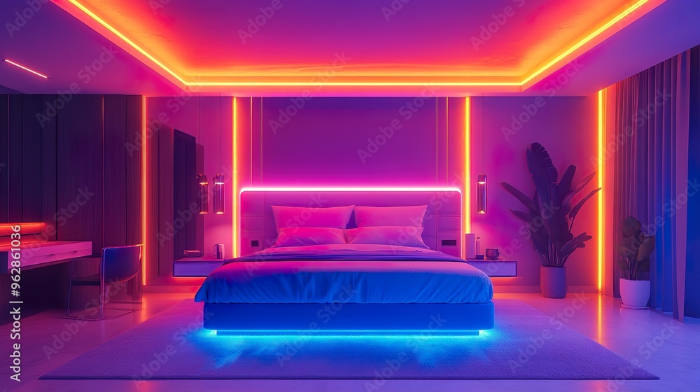 Futuristic bedroom setup with neon light accents creating a sleek and modern interior decor Futuristic bedroom setup with neon light accents creating a sleek and modern interior decor