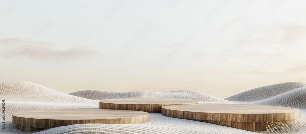 Wooden podium in a field for product showcasing with a white background 3D rendering Wooden podium in a field for product showcasing with a white background 3D rendering