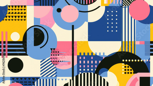 Abstract Bauhaus style seamless pattern with geometric shapes featuring bold lines in blue, pink and yellow