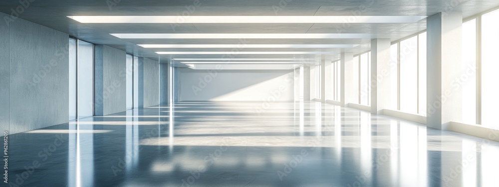 Obraz premium Abstract modern architectural backdrop featuring an empty open interior space in 3D rendering