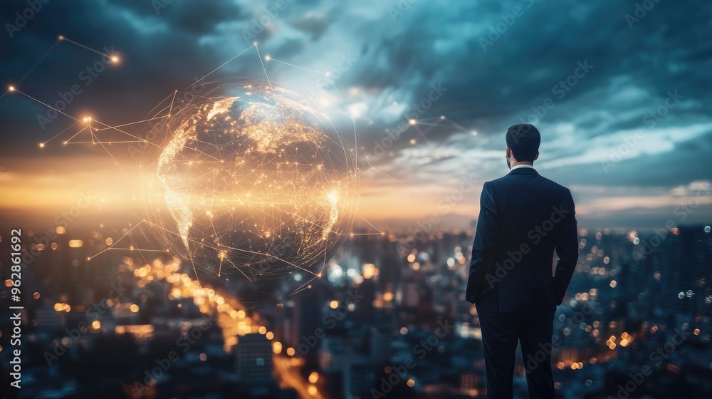 Fototapeta premium Global Network Connections: A Man's View of the World's Interconnectedness