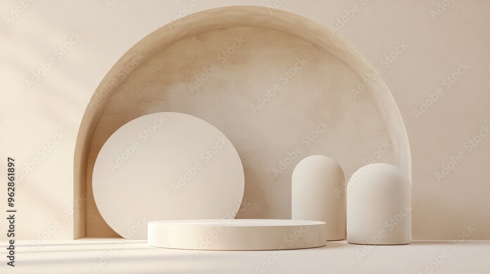 Fototapeta premium Abstract minimalistic composition featuring geometric shapes 3D rendered illustration showcasing a podium for product showcase Concept of abstract geometry