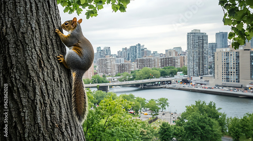 A squirrel climbing a tree in a small city park with concrete buildings and city traffic visible in the distance