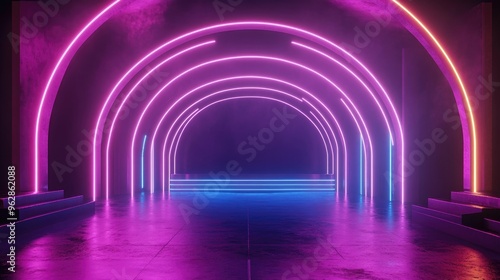 Neon lit stage backdrop 3D rendering