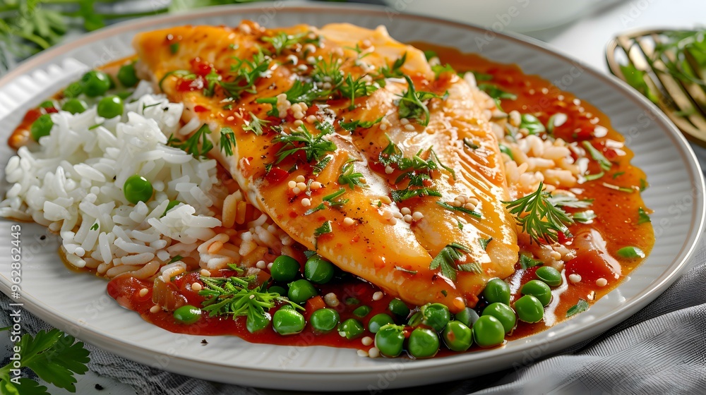 Delicious Fish Dish with White Rice and Peas Delicious Fish Dish with White Rice and Peas