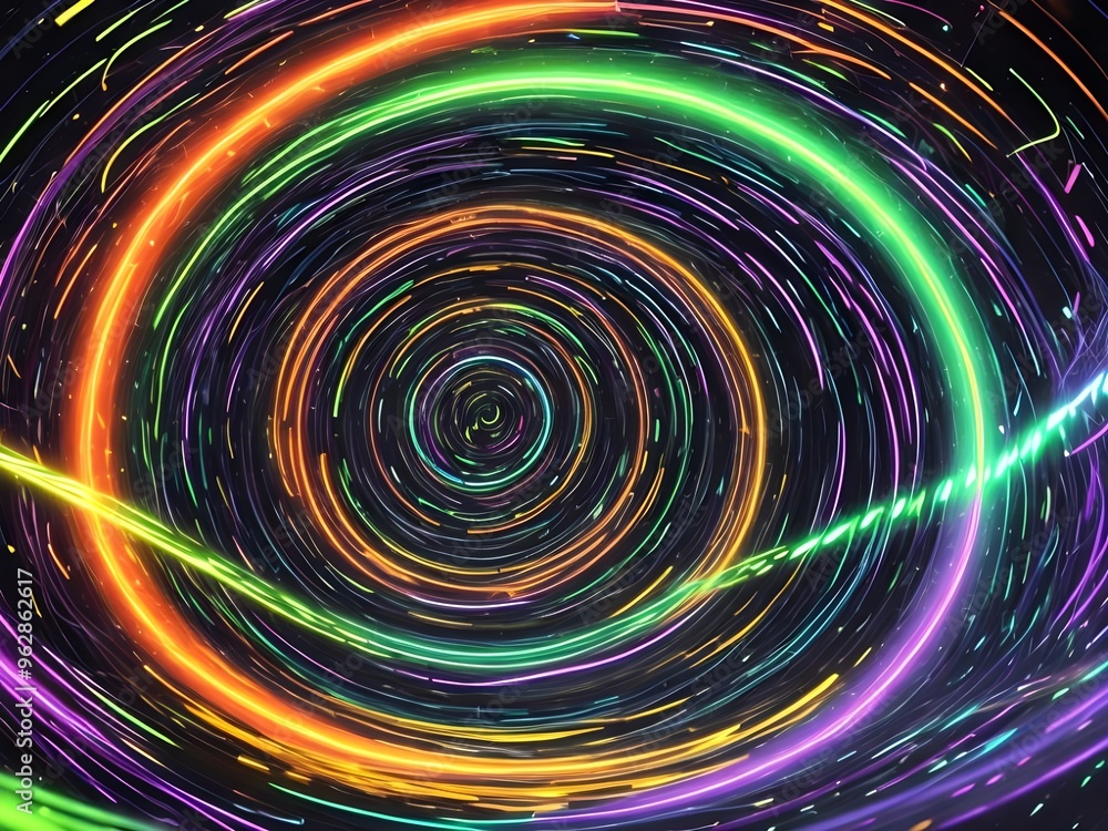 Luminous vibrant glow of neon rings, abstract 3d light effect illustration. Magic glowing speed motion spin, glowing swirl trail circles, bright sparkling lines on dark black background Luminous vibrant glow of neon rings, abstract 3d light effect illustration. Magic glowing speed motion spin, glowing swirl trail circles, bright sparkling lines on dark black background
