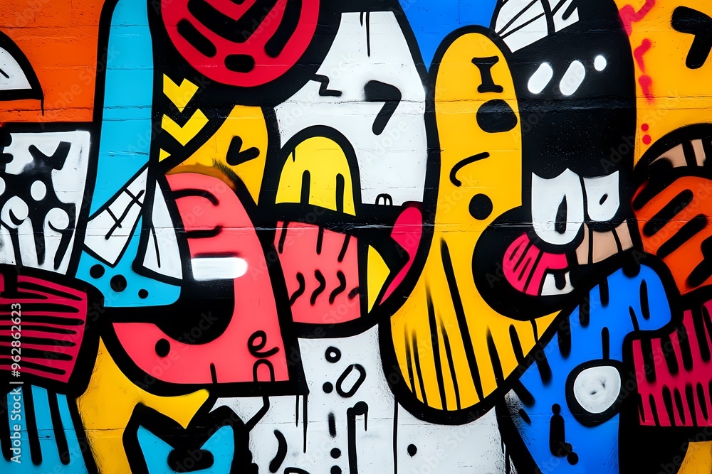 Vibrant and colorful graffiti art on a wall, featuring abstract shapes and bold outlines, creating a dynamic and playful composition. Vibrant and colorful graffiti art on a wall, featuring abstract shapes and bold outlines, creating a dynamic and playful composition.