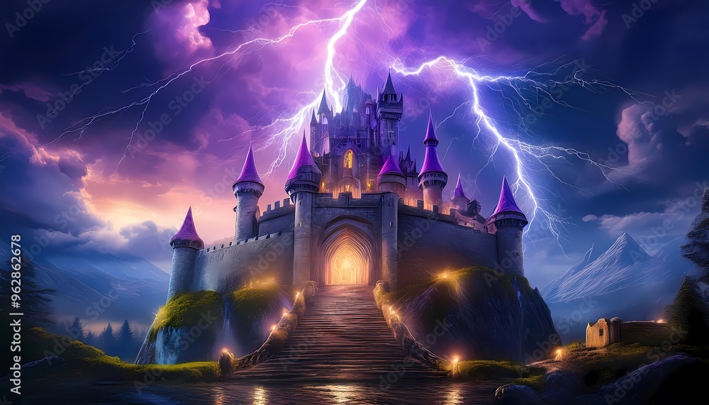 Fototapeta premium A castle with lightning striking in the background