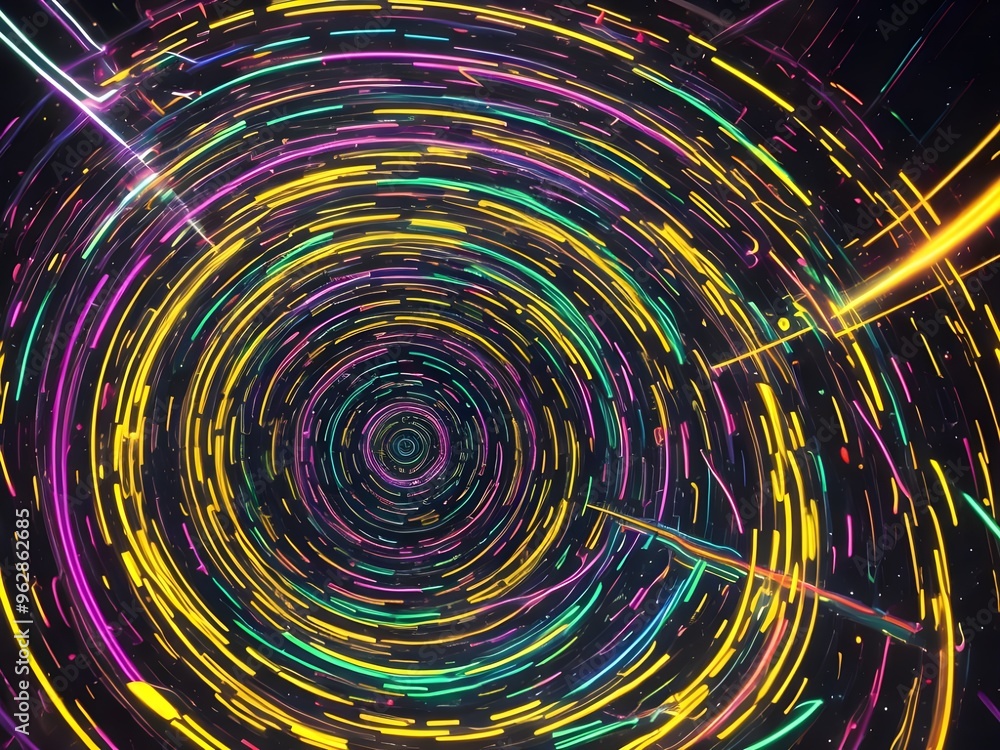 Luminous vibrant glow of neon rings, abstract 3d light effect illustration. Magic glowing speed motion spin, glowing swirl trail circles, bright sparkling lines on dark black background Luminous vibrant glow of neon rings, abstract 3d light effect illustration. Magic glowing speed motion spin, glowing swirl trail circles, bright sparkling lines on dark black background