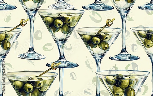 Martini Glasses with Olives Seamless Pattern