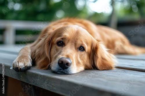 Golden retriever dog resting head looking sad