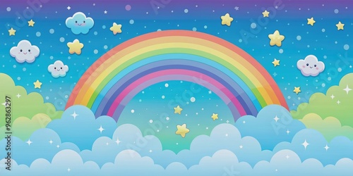 Colorful kawaii sky background with rainbow, stars, and clouds, kawaii, colorful, sky, rainbow, stars, clouds, abstract