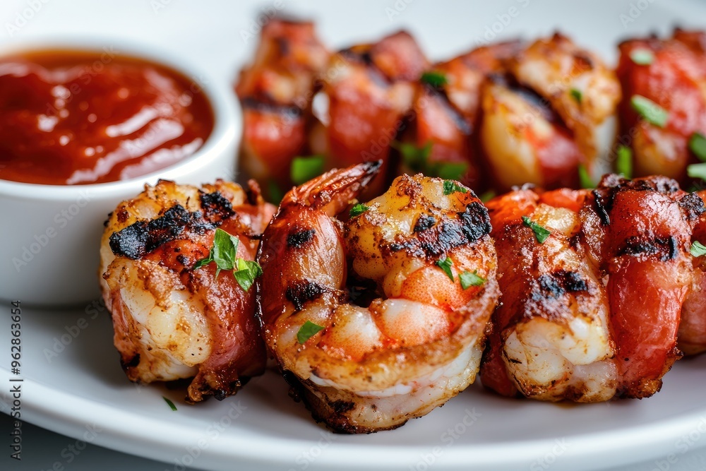 Bacon wrapped shrimp grilled to perfection, served with a side of cocktail sauce Bacon wrapped shrimp grilled to perfection, served with a side of cocktail sauce