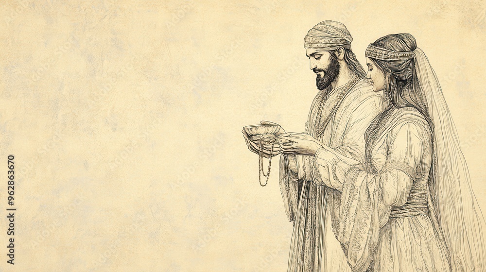 Fototapeta premium Biblical Illustration: Gift of Love: A Bride Receives a Golden Necklace with Silver Accents from Her Beloved, Symbolizing Precious Love in Song of Solomon on a Beige Background