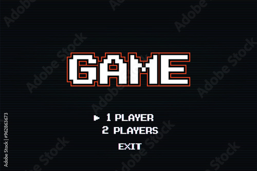 Pixel game screen. Retro 8 bit video game with " GAME "text, computer game background. Vector pixel art illustration